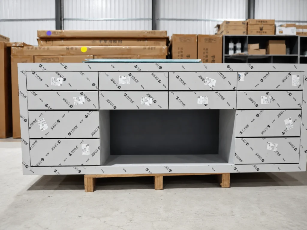 Custom sideboard cabinet with multiple drawers and an open center shelf produced for a Middle East OEM furniture order.