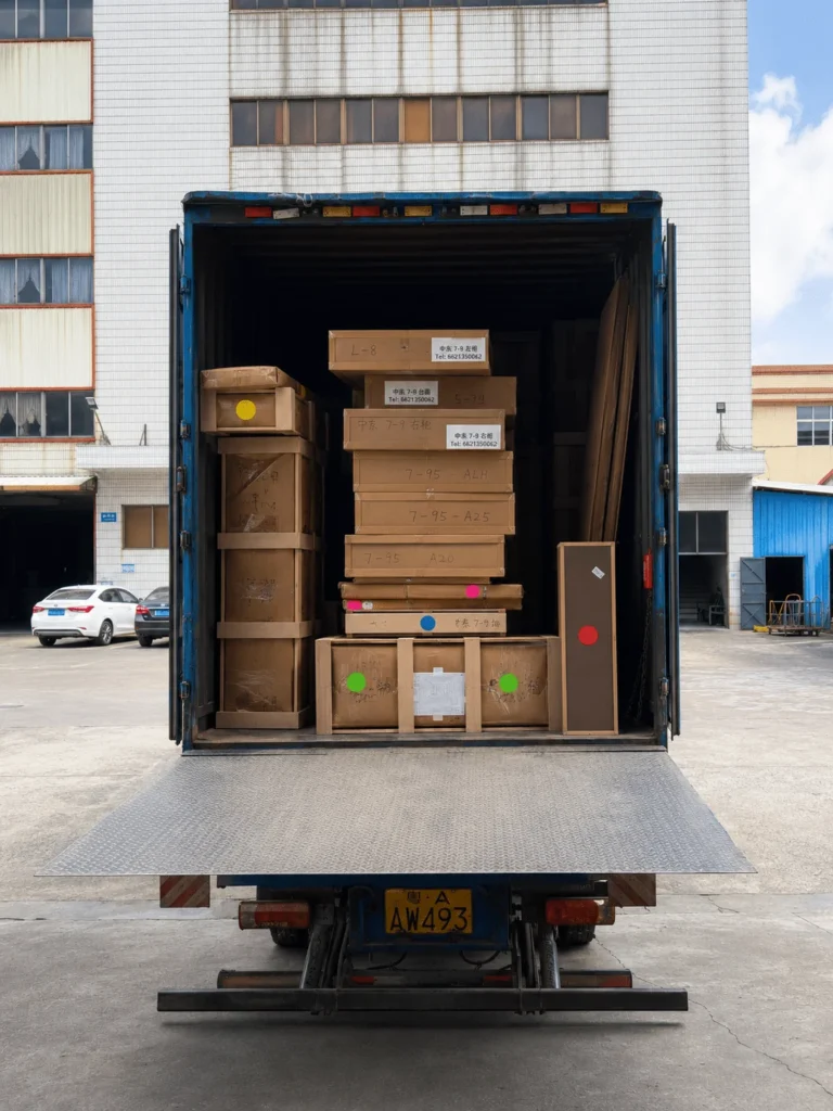Packed custom panel furniture cartons and wooden crates inside an export truck ready for shipment to the Middle East.