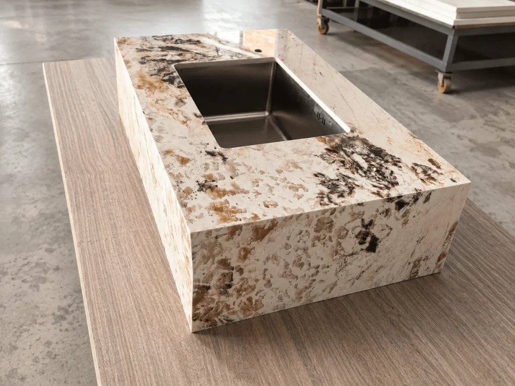 Stone-finish cabinet top with an integrated sink prepared for a custom Middle East furniture order.