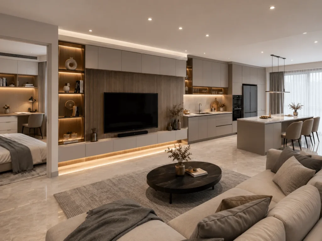 Completed whole-home interior with custom TV wall, kitchen and bedroom cabinetry