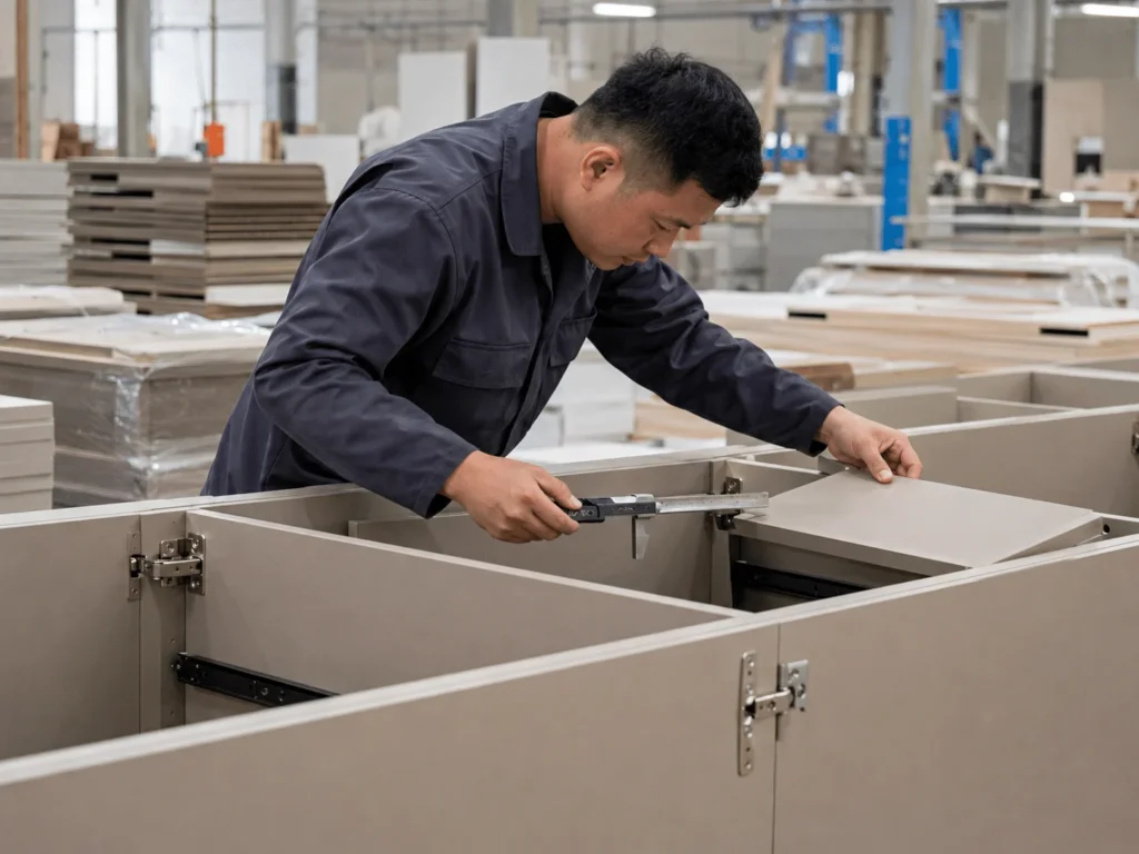 Quality inspector measuring custom cabinet dimensions and checking hardware installation