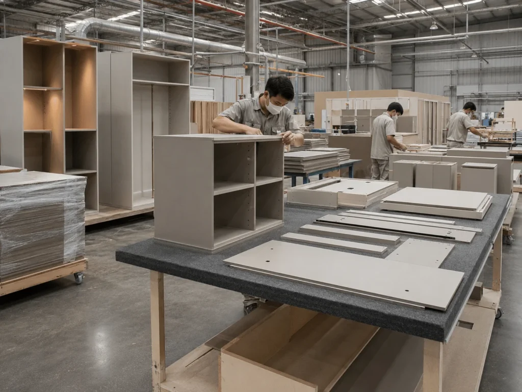 Workers assembling and checking custom cabinet components in a furniture factory