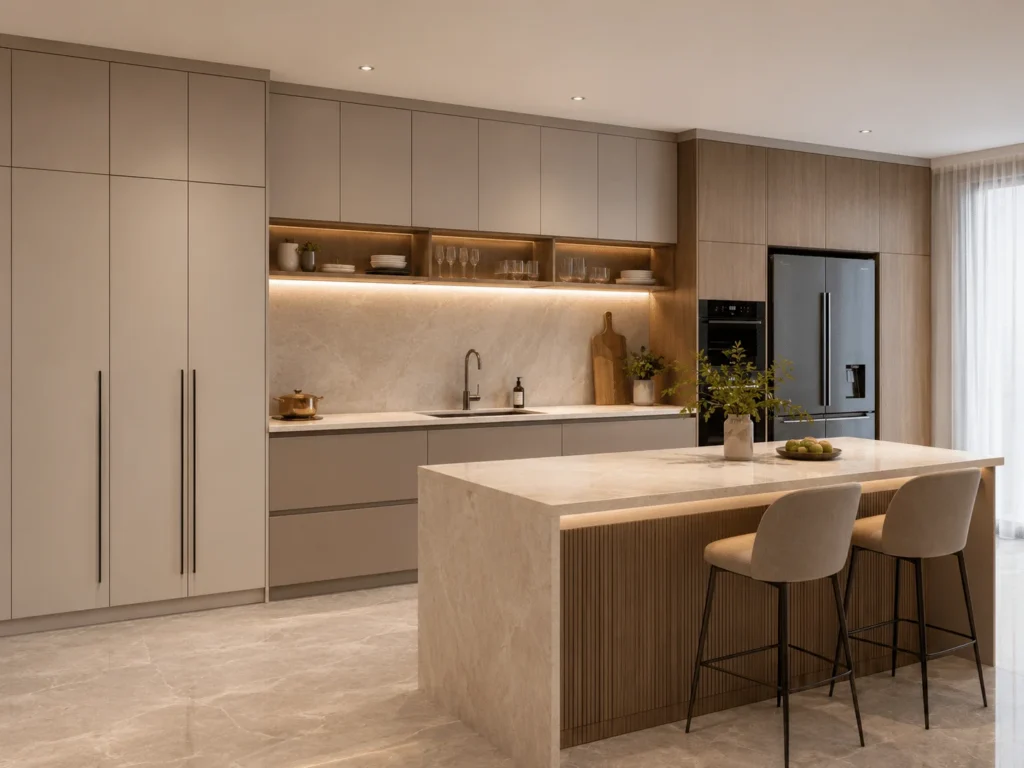 Modern kitchen with custom cabinets, tall storage units and a central island