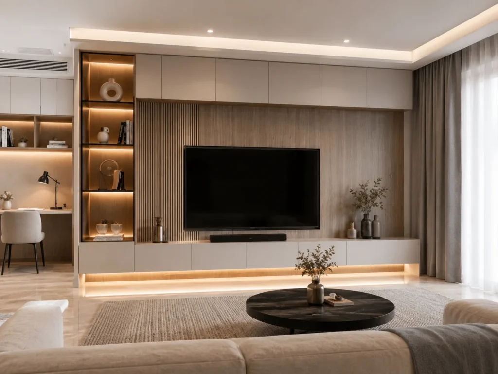 Modern custom TV wall with storage cabinets and illuminated display shelves