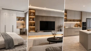 Custom whole-home cabinetry project with wardrobe, TV wall and kitchen cabinets