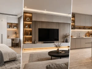 Custom whole-home cabinetry project with wardrobe, TV wall and kitchen cabinets