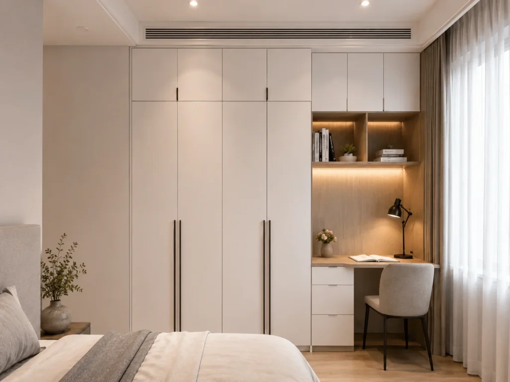 White bedroom wardrobe with an integrated study desk and overhead storage