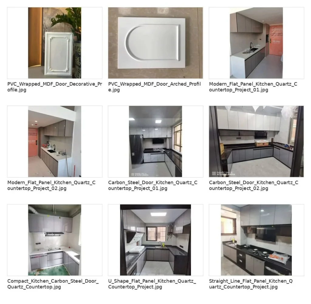 OEM kitchen cabinet project references with flat-panel kitchens and PVC-wrapped MDF door samples