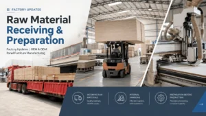 Raw panel materials being delivered, handled by forklift and prepared for panel furniture production