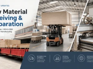 Raw panel materials being delivered, handled by forklift and prepared for panel furniture production