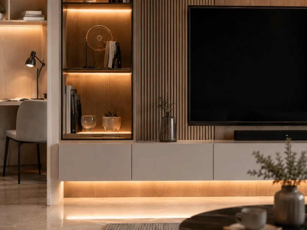 Close-up of illuminated display shelves and cabinet details beside a TV wall