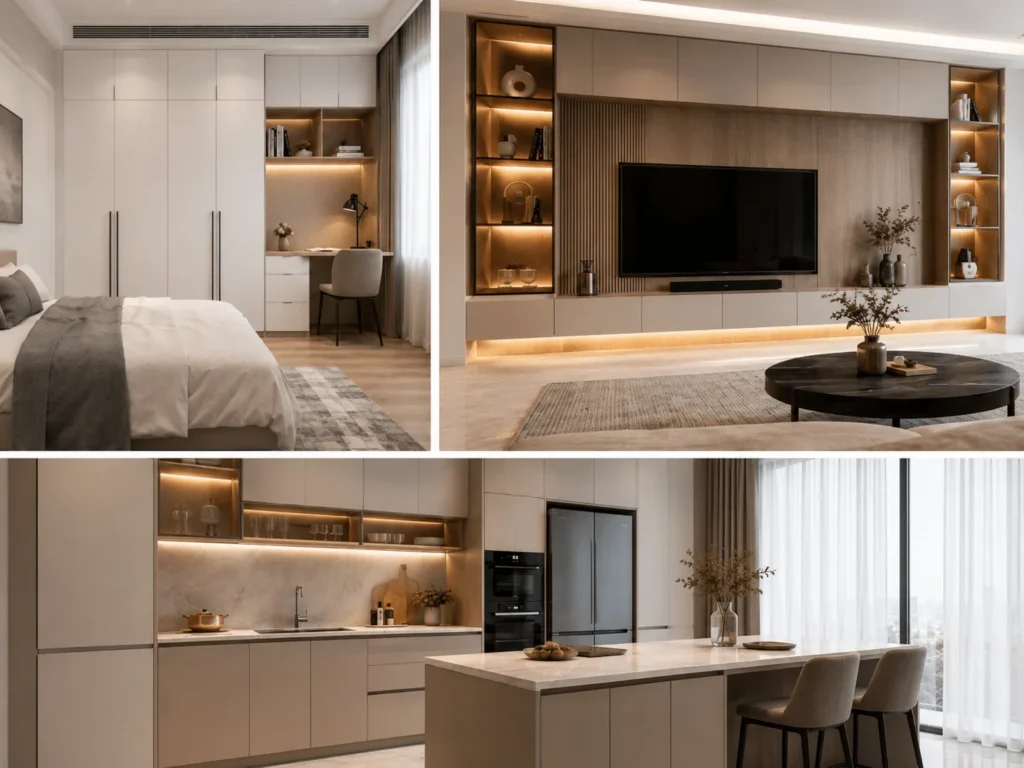 Overview of a whole-home cabinetry project with bedroom, TV wall and kitchen cabinets