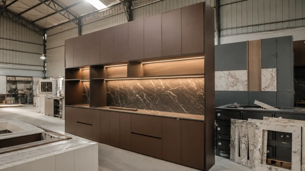 Custom cabinetry manufactured in China for a North American project during factory trial assembly