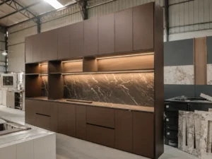 Custom cabinetry manufactured in China for a North American project during factory trial assembly