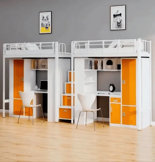 Kids bunk bed with full-length upper guardrail for OEM furniture production