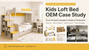 Kids loft bed OEM manufacturing case study showing a space-saving bed with desk, storage, flat-pack components, export packaging and factory production.
