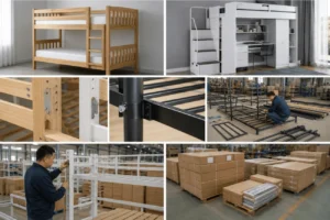 Flat-pack packaging for kids loft beds before export shipment