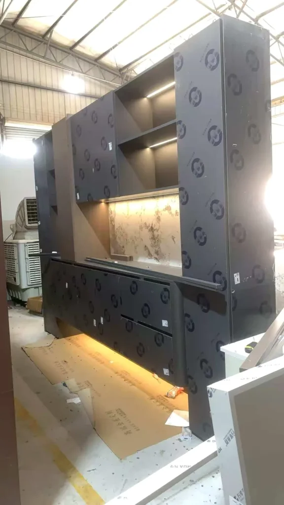 OEM cabinetry with integrated LED lighting during factory production and inspection