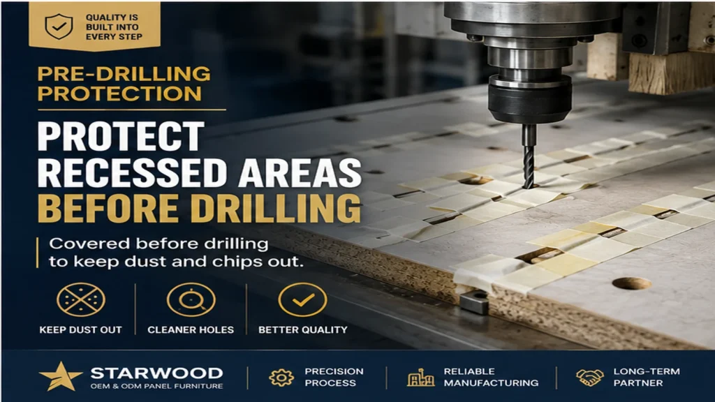 Pre-drilling protection for recessed panel areas before furniture drilling