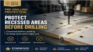 Pre-drilling protection for recessed panel areas before furniture drilling