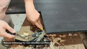 Manual PVC edge finishing on a non-standard panel at an OEM furniture factory