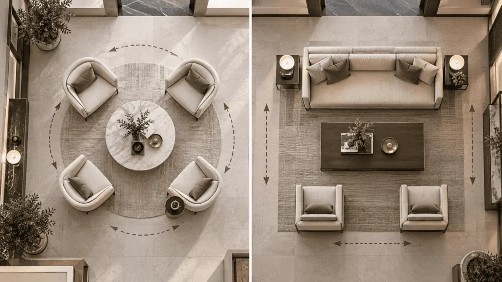 Round vs rectangular coffee table layout comparison for hotel furniture projects