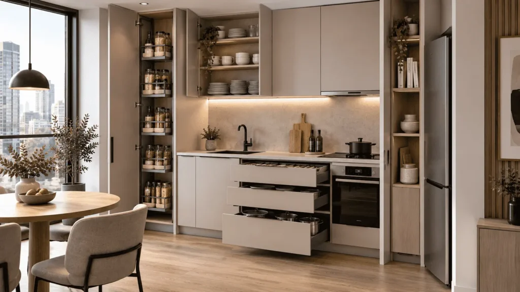 Compact apartment kitchen cabinets with tall pantry storage