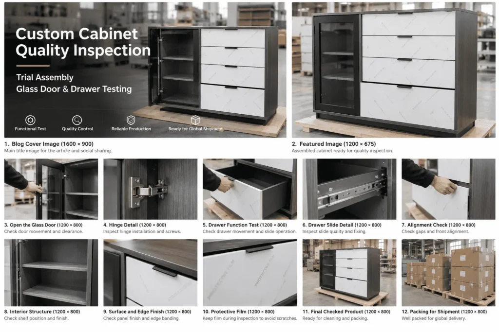 Custom cabinet drawer function test during factory quality inspection
