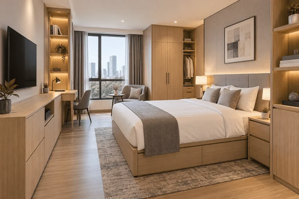 Custom storage cabinets for hotel apartment and commercial furniture projects