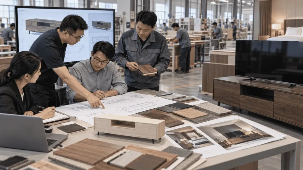OEM furniture manufacturer creating custom TV stand designs for hotel projects