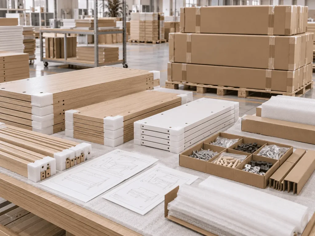 Flat pack convertible furniture components ready for export packaging