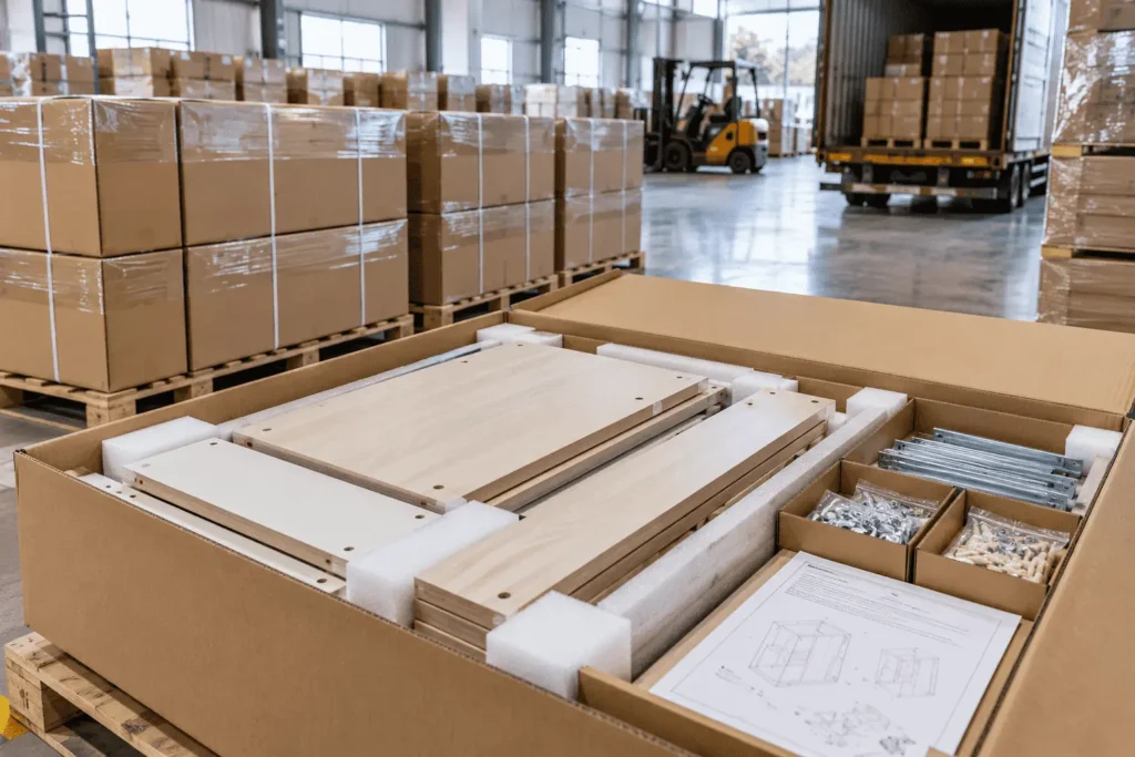 Flat pack custom storage cabinet export packaging for B2B buyers