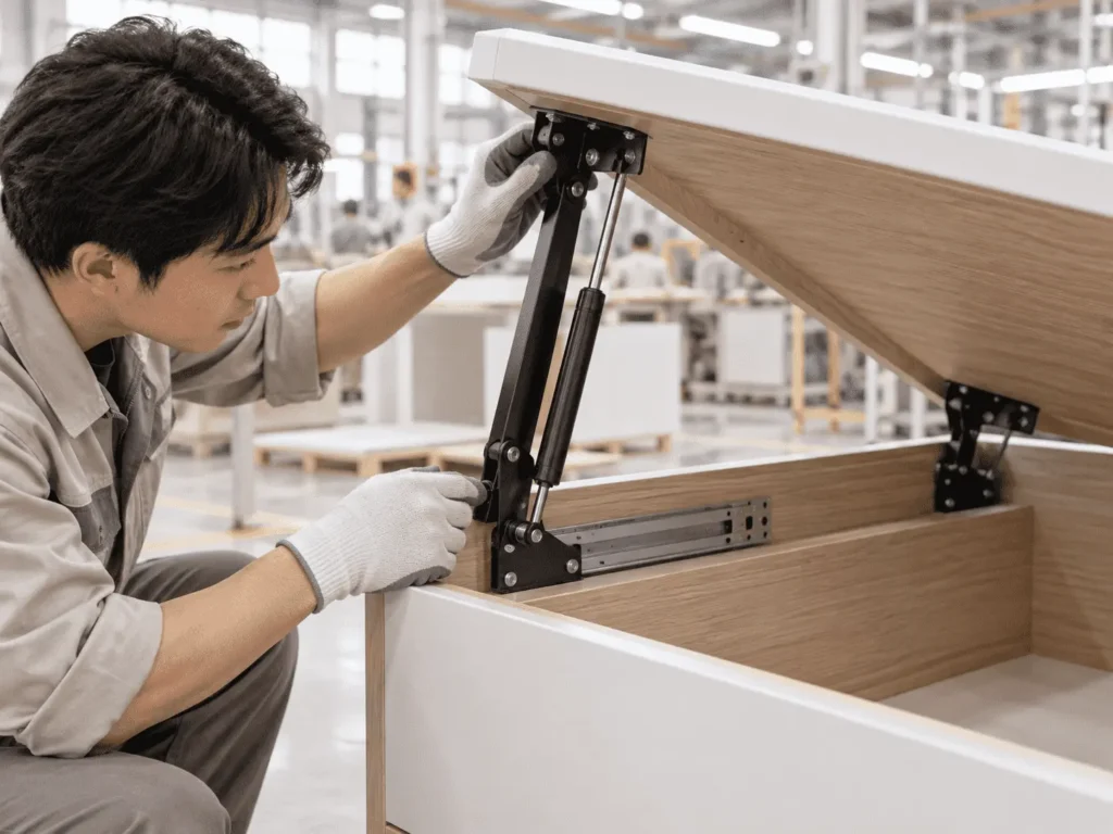 Convertible furniture hardware mechanism inspection in OEM furniture factory
