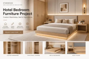 Hotel bedroom furniture project with custom wardrobes, bed, headboard and nightstands