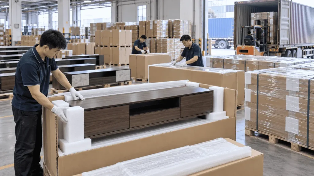 Export furniture factory packaging durable TV stands for international shipment