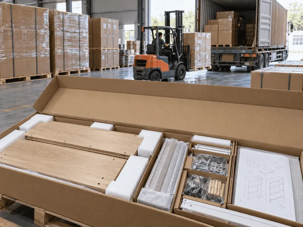 Custom flat pack furniture export packaging for international shipment
