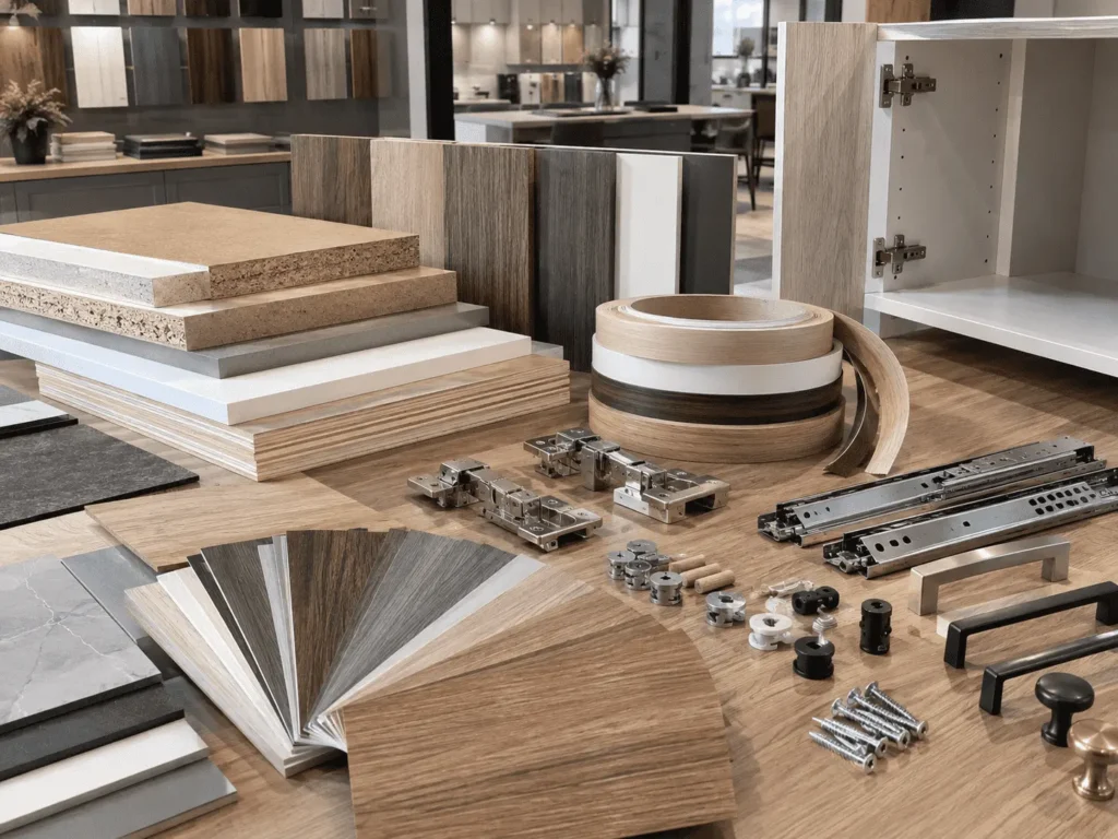 Panel furniture materials MDF particle board plywood finishes and hardware