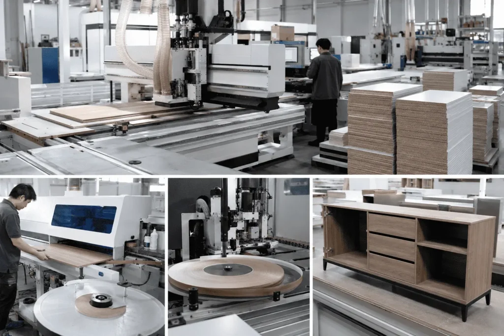 Modern sideboard cabinet CNC production at panel furniture export factory