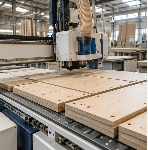 CNC machining of engineered wood panels for custom hotel furniture manufacturing