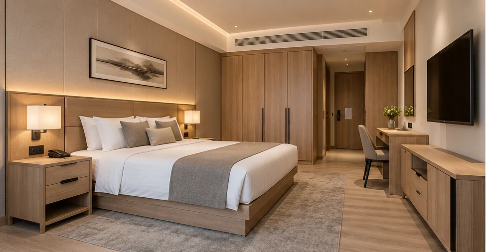 Custom hotel bedroom furniture supplier offering coordinated bed, wardrobe and bedside cabinets