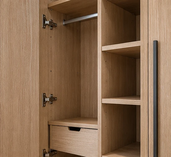 Custom hotel wardrobe with hanging space, shelves and engineered wood panels