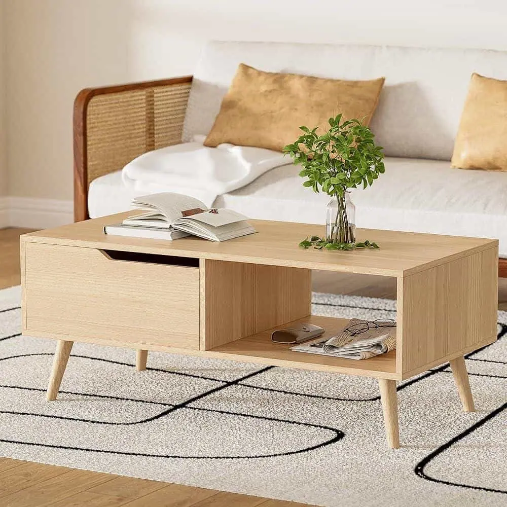 Custom modern wood coffee table with drawer and lower storage shelf for apartment furniture