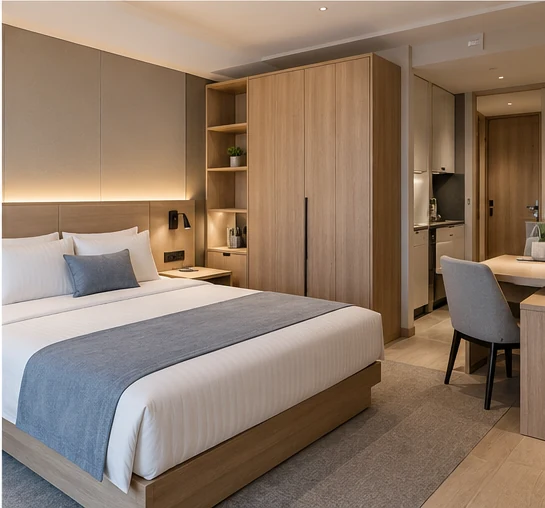 Custom serviced apartment bedroom furniture with wardrobe and storage solutions