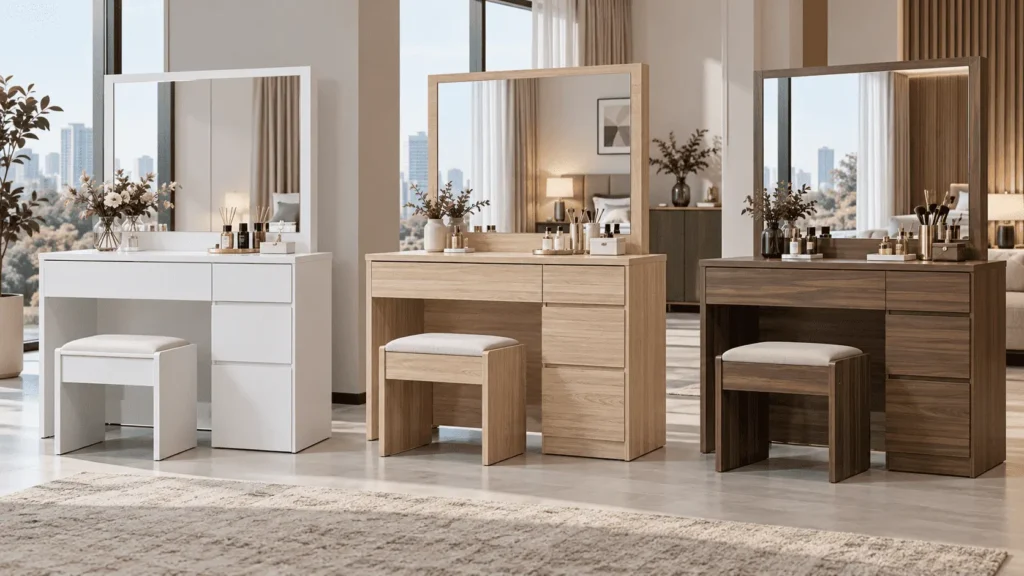 Bulk dressing table supplier showcasing OEM melamine panel vanity tables with mirrors for wholesale buyers