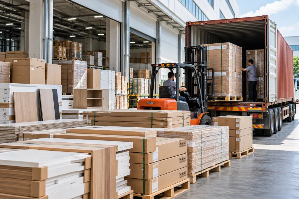 Flat-pack apartment furniture export packaging and container loading for international bulk furniture orders