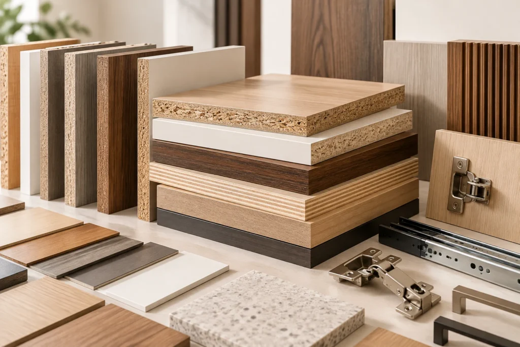 MFC MDF plywood panel materials and cabinet hardware options for custom apartment furniture manufacturing
