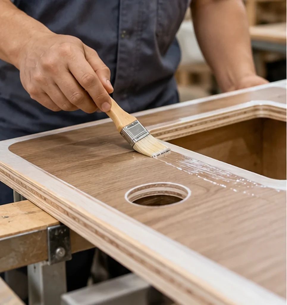Plywood bathroom vanity edge sealing process around sink cutout for moisture protection