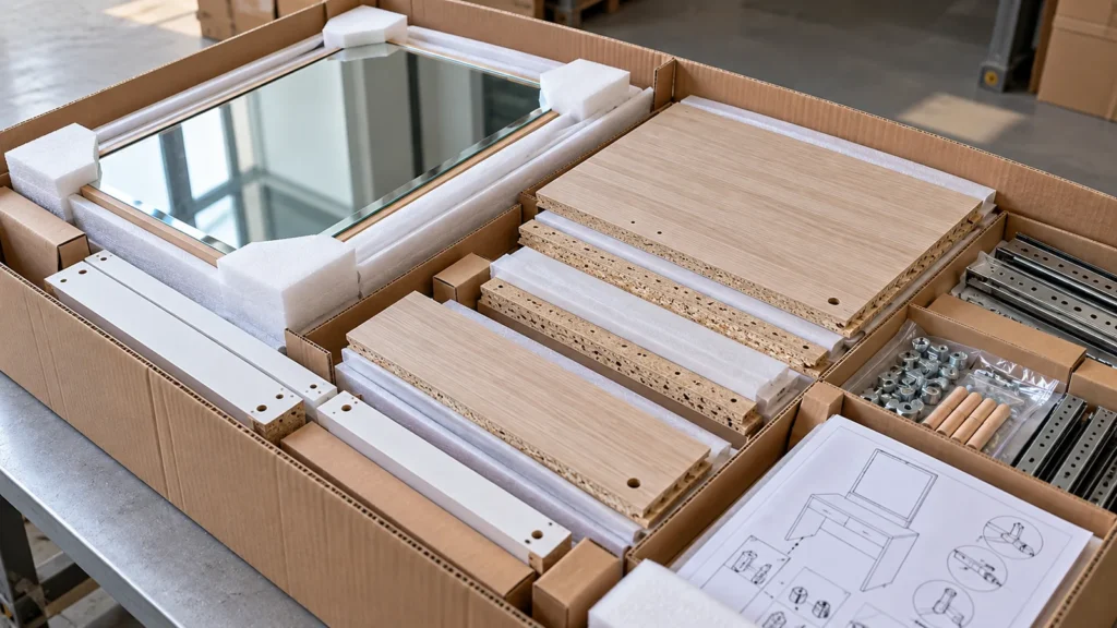 Bulk dressing table export carton with protected mirror melamine panels hardware and assembly instructions