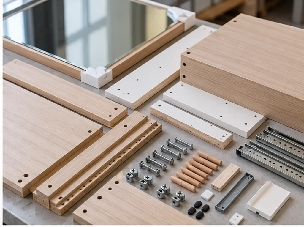 KD dressing table assembly parts with predrilled particleboard panels cam locks dowels and drawer slides