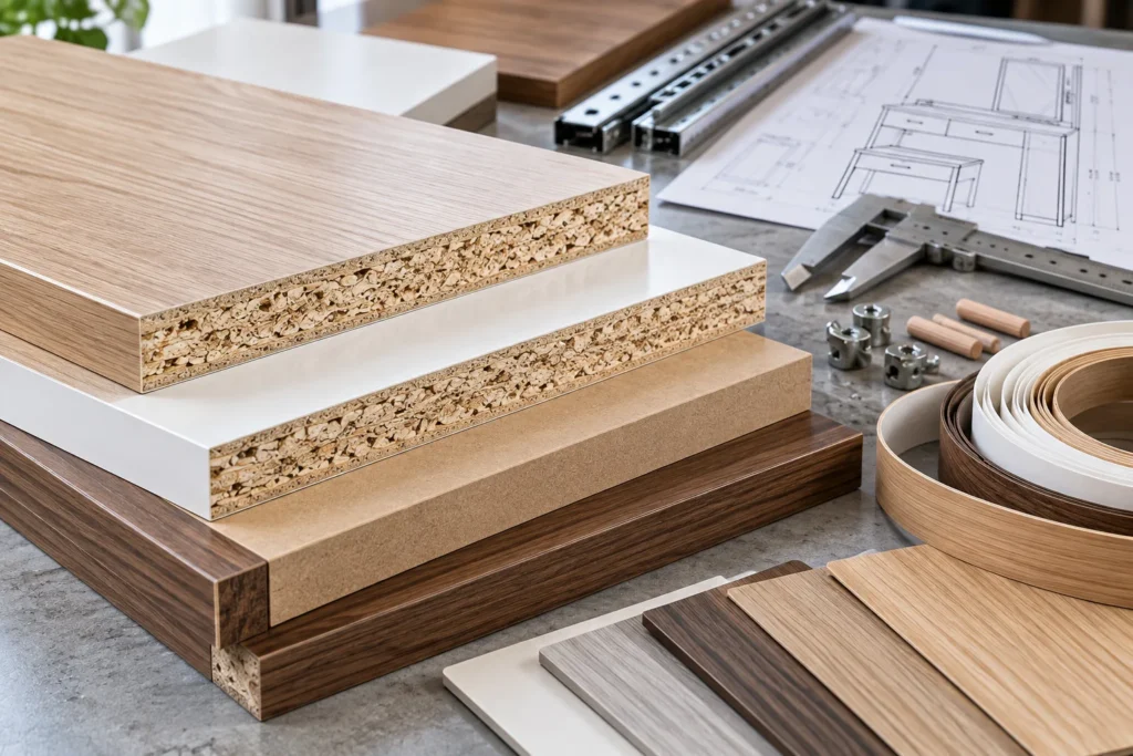 KD dressing table components with predrilled particleboard panels cam lock connectors dowels and drawer slides